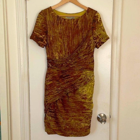 Halston Heritage brown mustard abstract bodycon ruched wiggle Dress 10 - Picture 2 of 6